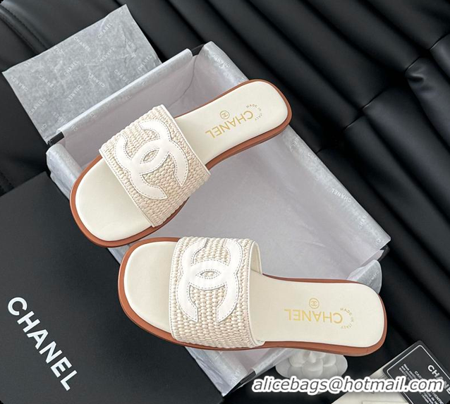 Good Quality Chanel White Palm Fiber Slippers White 60702803