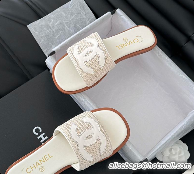 Good Quality Chanel White Palm Fiber Slippers White 60702803