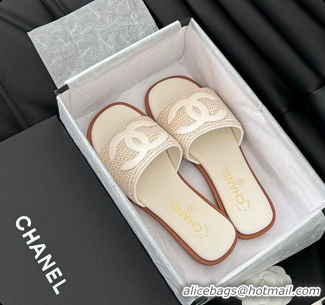 Good Quality Chanel White Palm Fiber Slippers White 60702803
