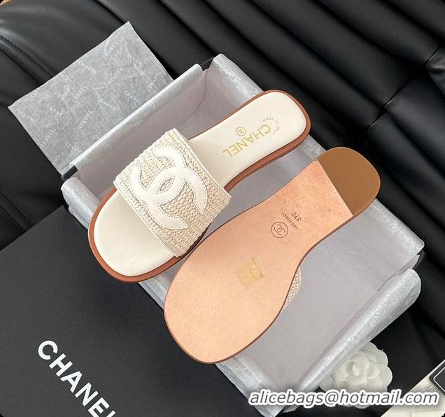 Good Quality Chanel White Palm Fiber Slippers White 60702803