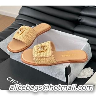 Good Product Chanel White Palm Fiber Slippers Brown 60702803