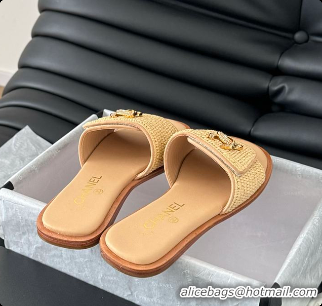 Good Product Chanel White Palm Fiber Slippers Brown 60702803