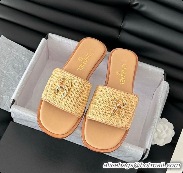 Good Product Chanel White Palm Fiber Slippers Brown 60702803