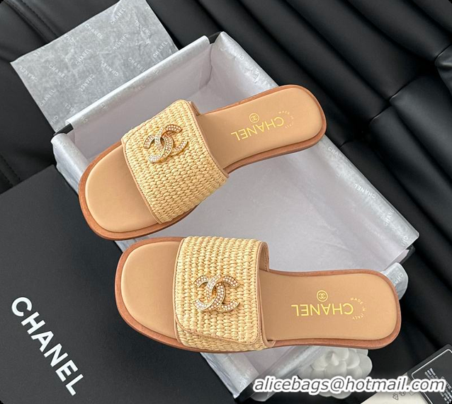 Good Product Chanel White Palm Fiber Slippers Brown 60702803