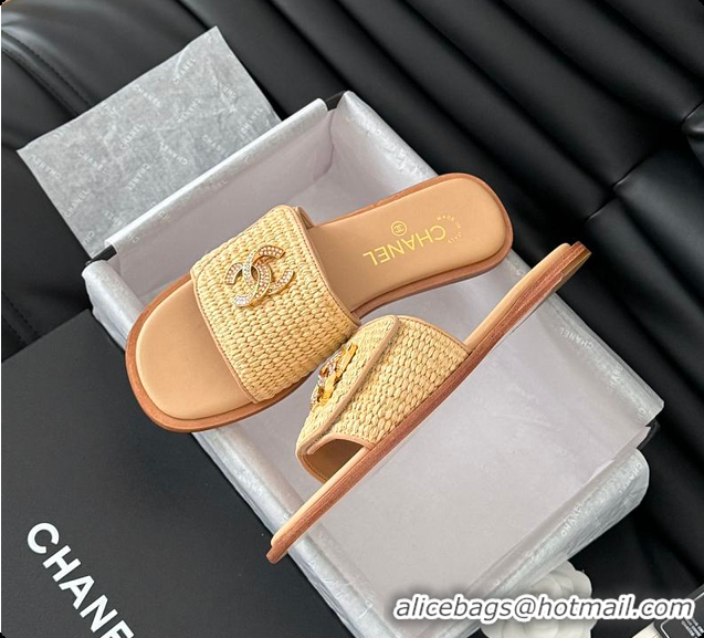 Good Product Chanel White Palm Fiber Slippers Brown 60702803