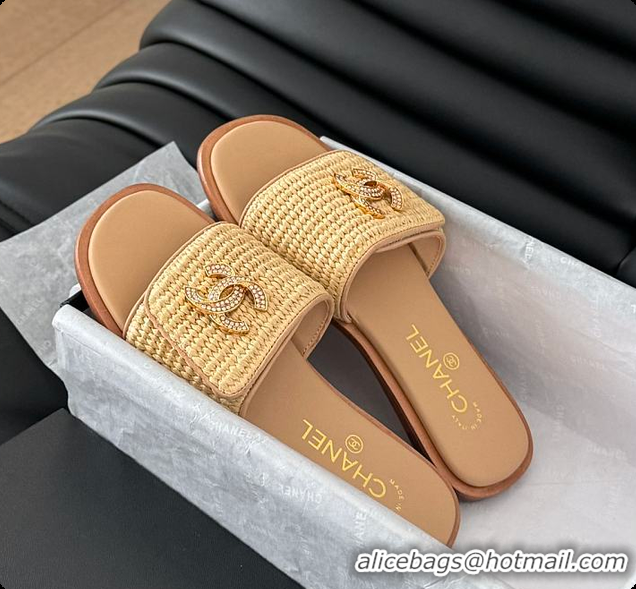 Good Product Chanel White Palm Fiber Slippers Brown 60702803