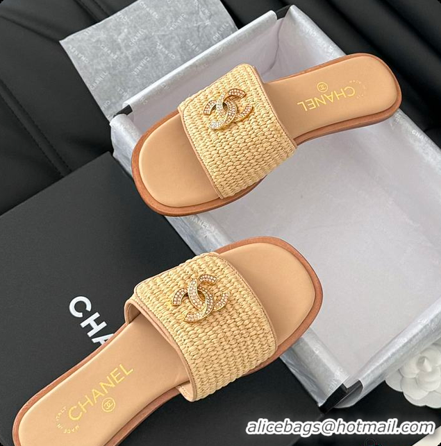 Good Product Chanel White Palm Fiber Slippers Brown 60702803