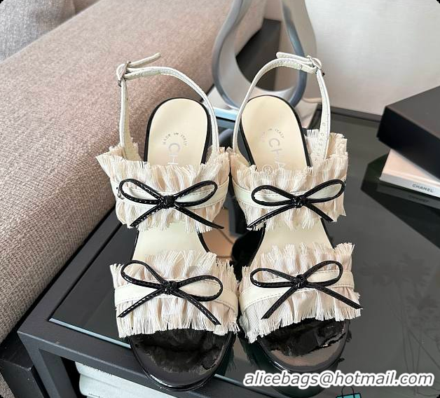 Top Design Chanel Interlocking CC Logo Bow Heels White 60703002