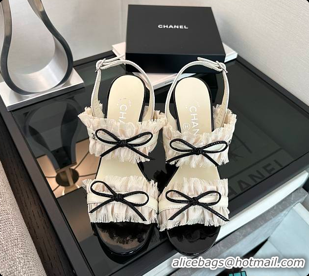 Top Design Chanel Interlocking CC Logo Bow Heels White 60703002