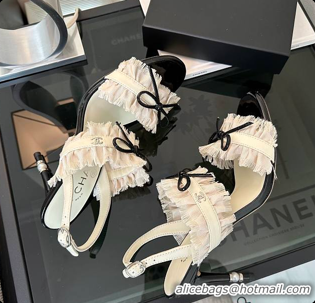 Top Design Chanel Interlocking CC Logo Bow Heels White 60703002