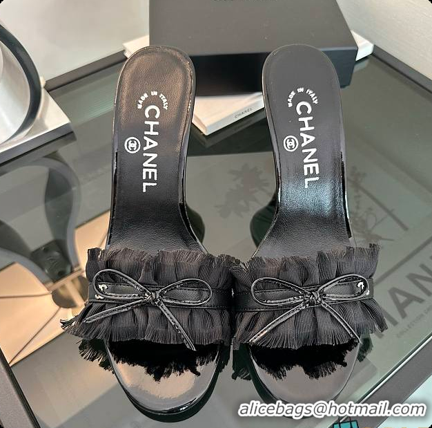 Low Cost Chanel CC Ruffled Bow Heels Black 60703003