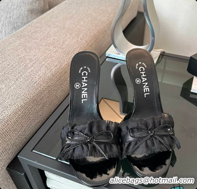 Low Cost Chanel CC Ruffled Bow Heels Black 60703003
