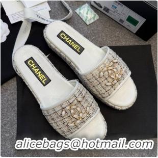 Luxurious Chanel Tweed Chain Slides White 60703005