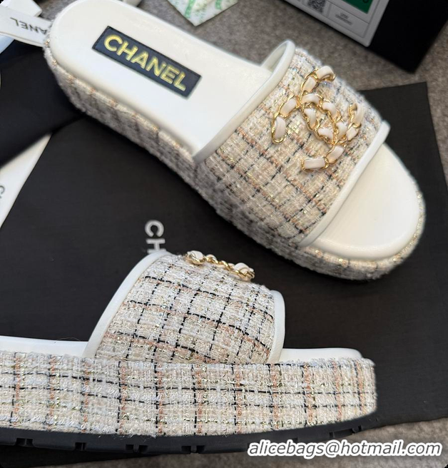 Luxurious Chanel Tweed Chain Slides White 60703005