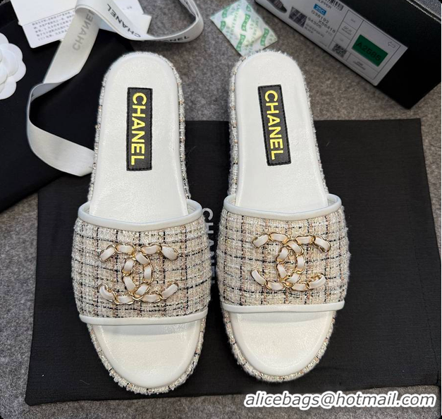 Luxurious Chanel Tweed Chain Slides White 60703005