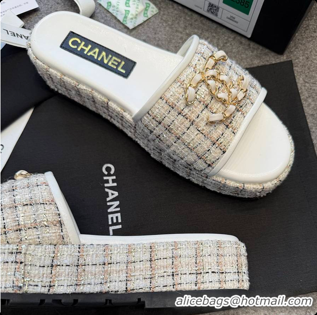 Luxurious Chanel Tweed Chain Slides White 60703005