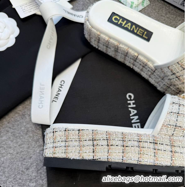 Luxurious Chanel Tweed Chain Slides White 60703005