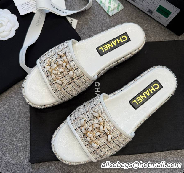 Luxurious Chanel Tweed Chain Slides White 60703005