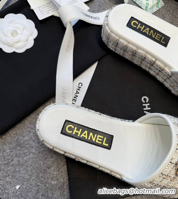 Luxurious Chanel Tweed Chain Slides White 60703005