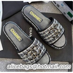 Most Popular Chanel Tweed Chain Slides Black 60703005