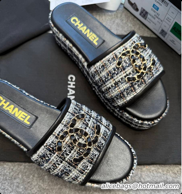 Most Popular Chanel Tweed Chain Slides Black 60703005