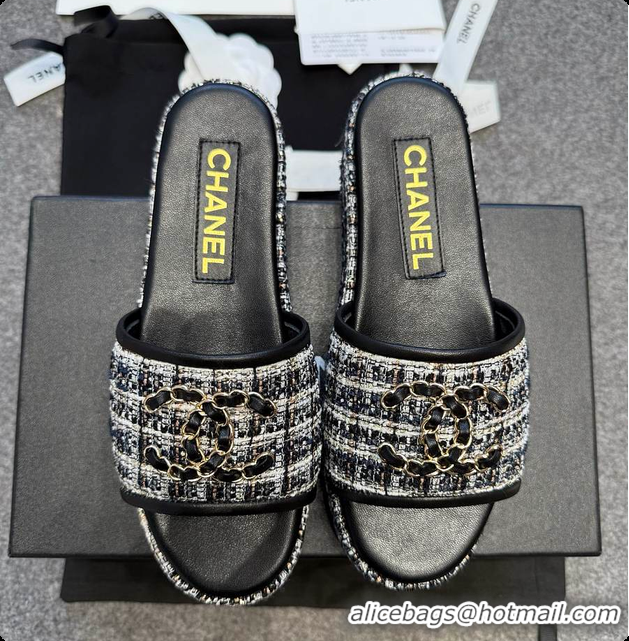 Most Popular Chanel Tweed Chain Slides Black 60703005