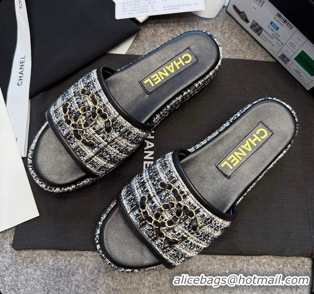 Most Popular Chanel Tweed Chain Slides Black 60703005
