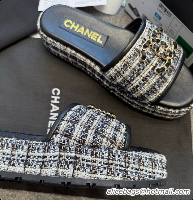 Most Popular Chanel Tweed Chain Slides Black 60703005