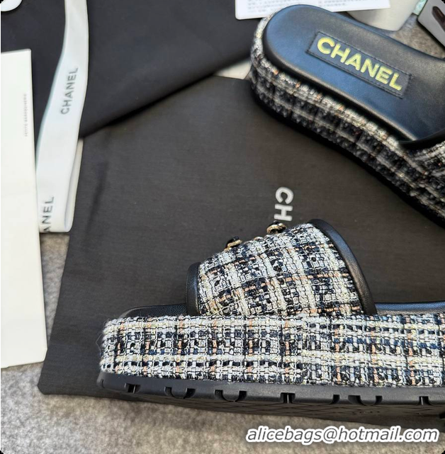 Most Popular Chanel Tweed Chain Slides Black 60703005