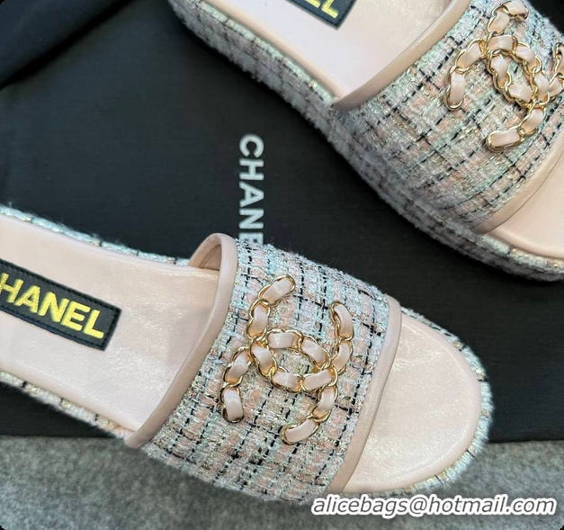 Best Price Chanel Tweed Chain Slides Pink 60703005