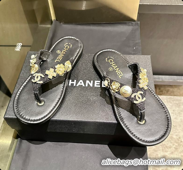 Pretty Style Chanel Thongs Lambskin & metal Slipper Black 60703006