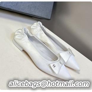 Charming Chanel White Satin Pointed Flats with A Bow 60703009