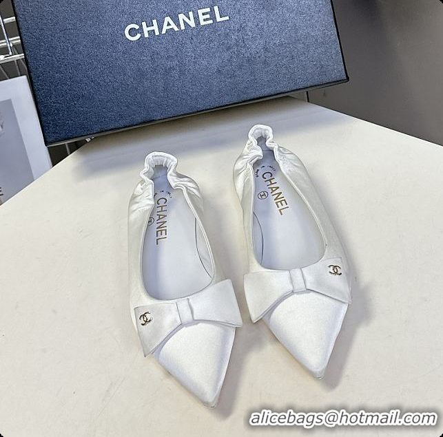 Charming Chanel White Satin Pointed Flats with A Bow 60703009