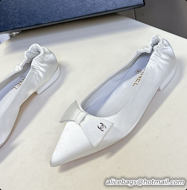 Charming Chanel White Satin Pointed Flats with A Bow 60703009