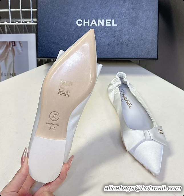 Charming Chanel White Satin Pointed Flats with A Bow 60703009