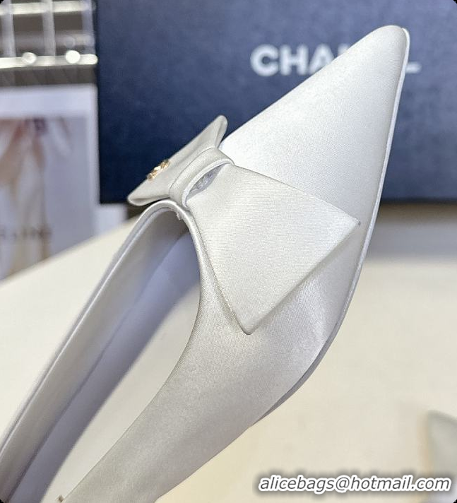 Charming Chanel White Satin Pointed Flats with A Bow 60703009