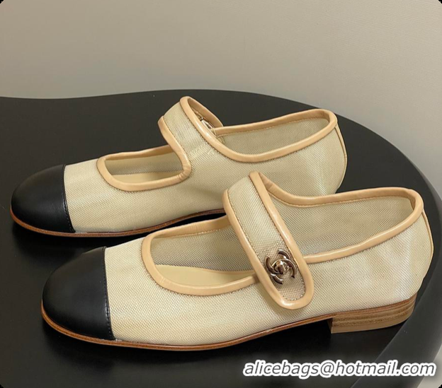 Best Product Chanel Mary Janes Fabric & Grosgrain Ivory & Black 60703013
