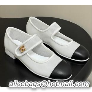 Stylish Chanel Mary Janes Fabric & Grosgrain White & Black 60703013