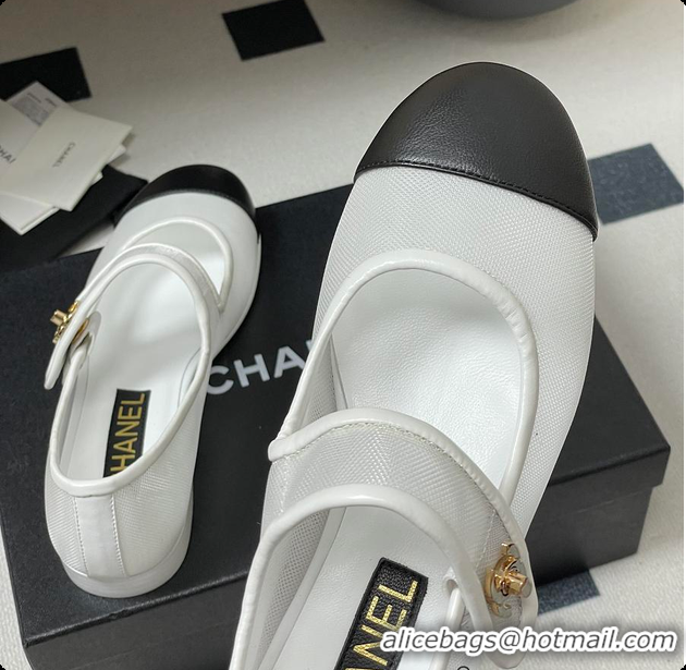 Stylish Chanel Mary Janes Fabric & Grosgrain White & Black 60703013