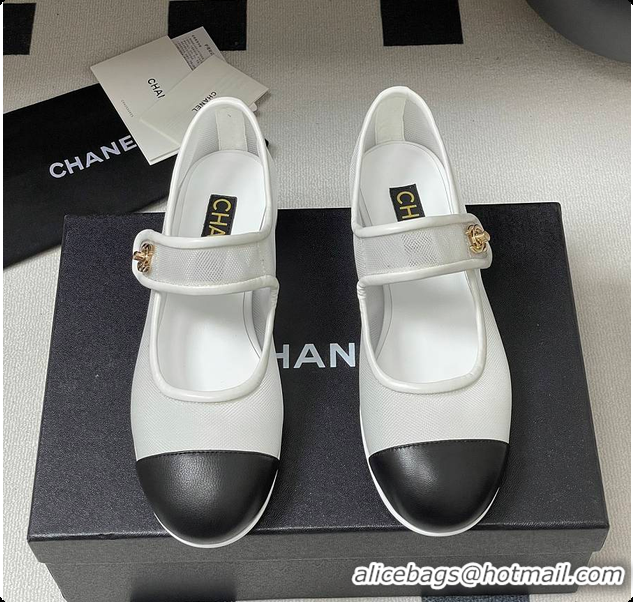 Stylish Chanel Mary Janes Fabric & Grosgrain White & Black 60703013