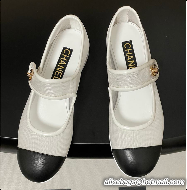 Stylish Chanel Mary Janes Fabric & Grosgrain White & Black 60703013
