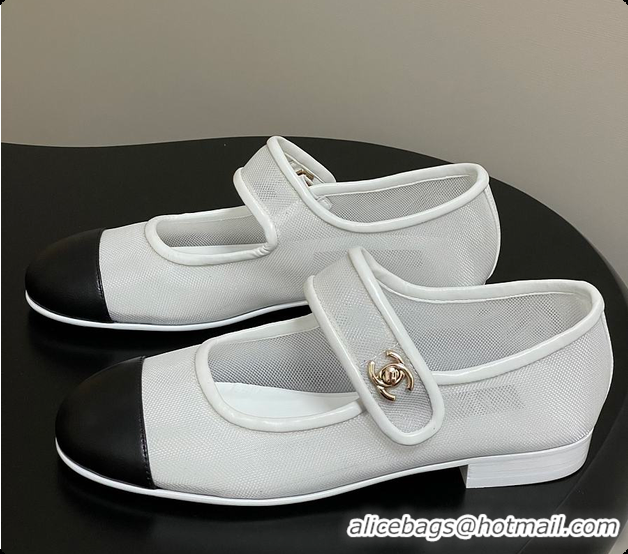 Stylish Chanel Mary Janes Fabric & Grosgrain White & Black 60703013
