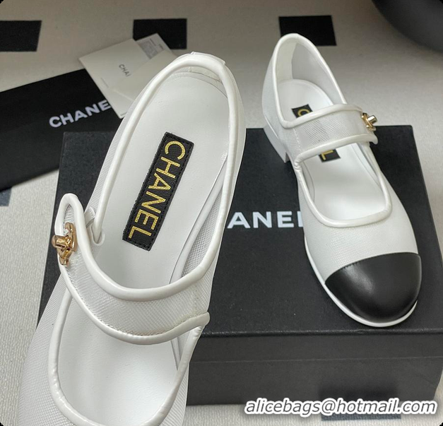 Stylish Chanel Mary Janes Fabric & Grosgrain White & Black 60703013