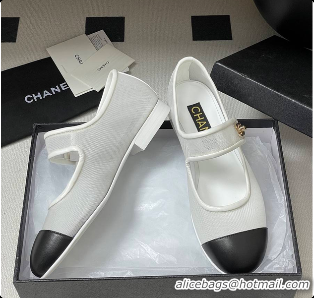 Stylish Chanel Mary Janes Fabric & Grosgrain White & Black 60703013