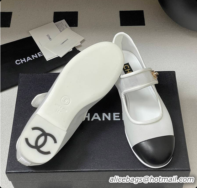 Stylish Chanel Mary Janes Fabric & Grosgrain White & Black 60703013