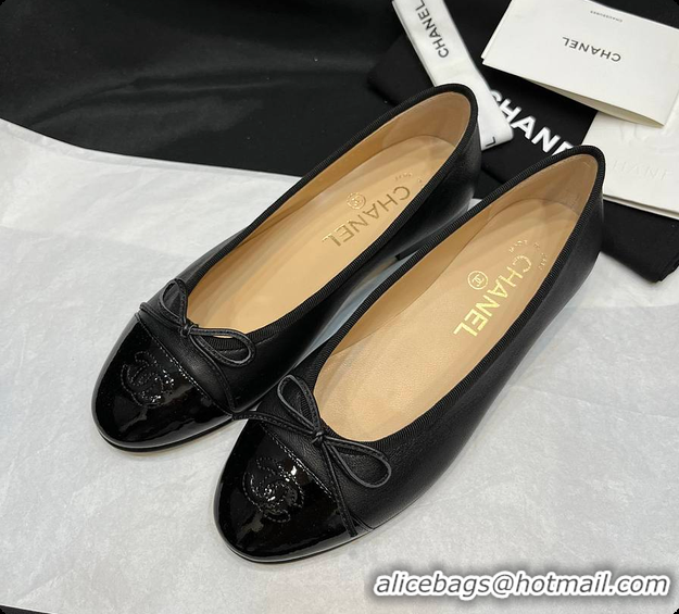 Luxury Discount Chanel Ballerina Shoes Lambskin & Glossy Calfskin Black 60703015