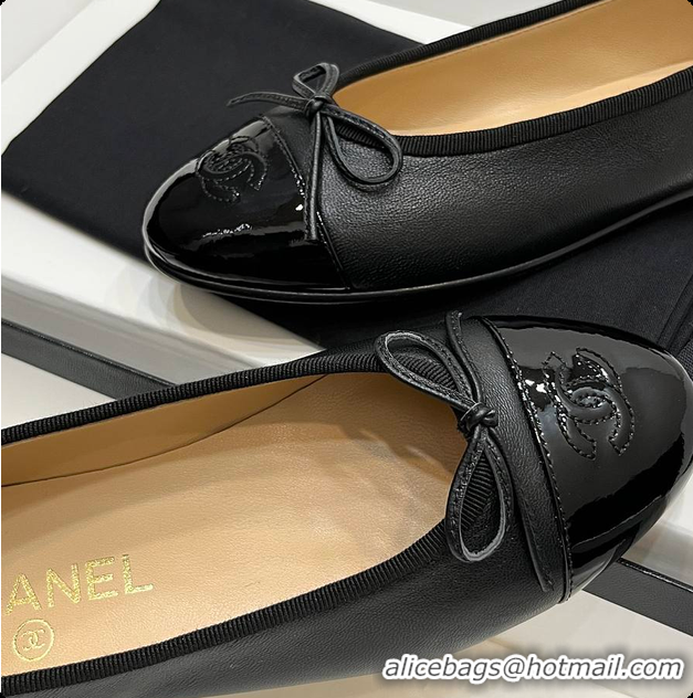 Luxury Discount Chanel Ballerina Shoes Lambskin & Glossy Calfskin Black 60703015