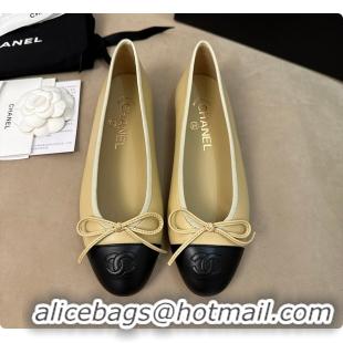 Luxury Chanel Ballerina Shoes Sheepskin Beige & Black 60703015