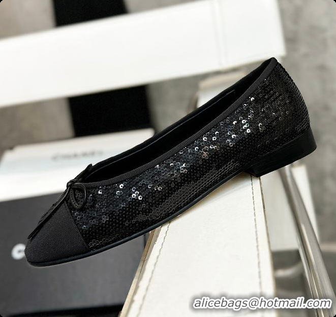 Good Looking Chanel Ballerina Shoes Sequin & Grosgrain Black 60703016