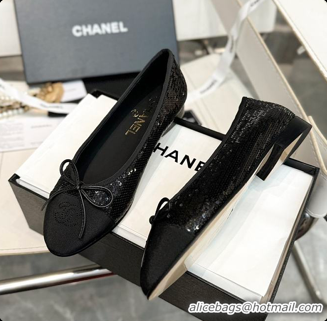 Good Looking Chanel Ballerina Shoes Sequin & Grosgrain Black 60703016